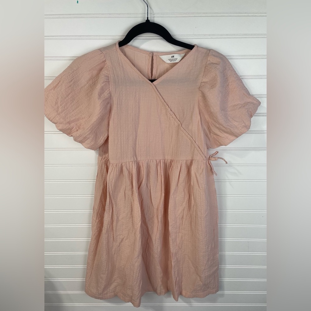 H&M Pink Puffed-Sleeved V-neck Wrap over Front Kids Dress Size 8 EUC - Picture 6 of 11